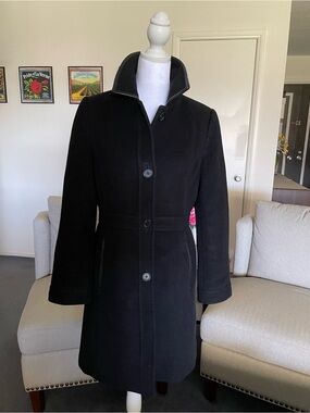 Black COACH Peacoat Pea Coat with Leather Trim